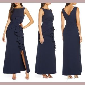 Eliza J [SZ 2 ] Ruffle Front V-Neck Gown in Navy Blue